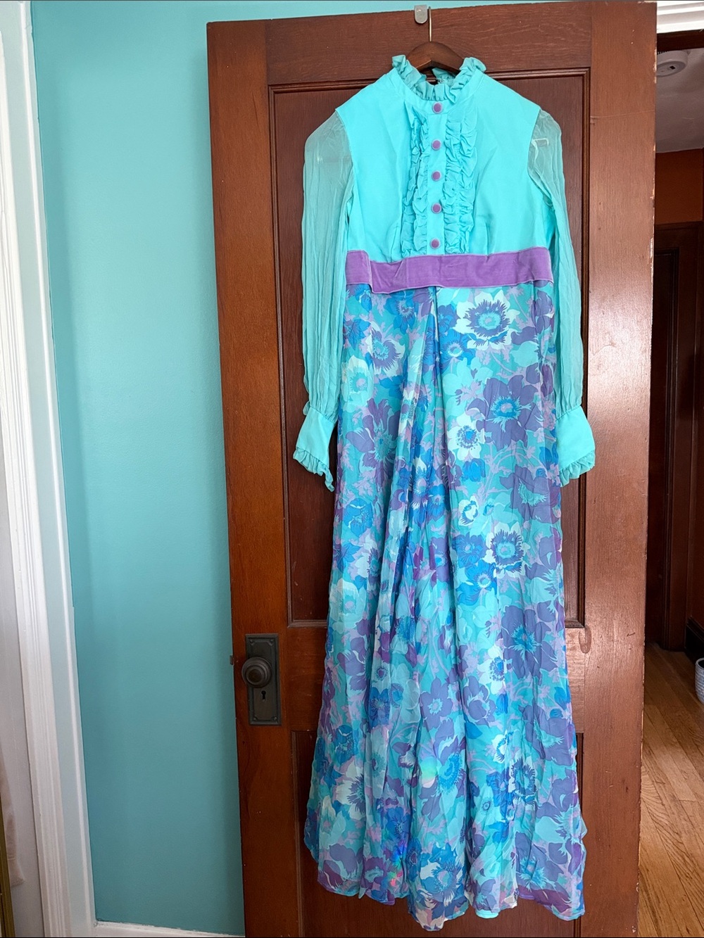 Vintage Floral Jumpsuit in Aqua and Purple